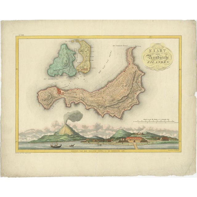 Antique map titled 'Kaart der Bandasche Eilanden' with a view titled 'Gezigt van het Eiland Neira en de Goening Api'. Rare...
