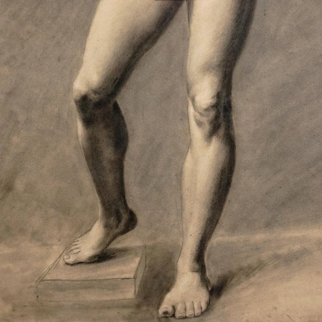 Late 19th Century French School Academic Study Male Nude Portrait Charcoal Life Drawing For Sale - Image 5 of 6