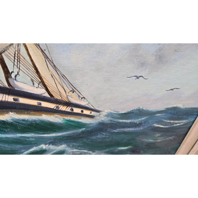 Blue Vintage Mid Century Ship Clipper Sailing Through Choppy Waves Signed m.c. Besler For Sale - Image 8 of 17