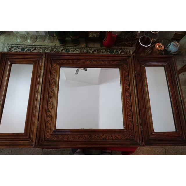 Rare large triple mirror wood and embossed leather early 20th century gilt and embossed stylized floral motifs good...