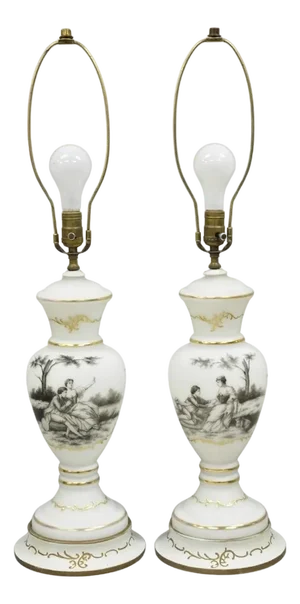 Vintage French Country Renaissance Frosted Glass Urn "Courting" Table Lamp, Pair