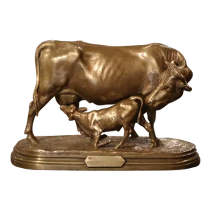 19th Century French Gilt Bronze Cow and Calf Sculpture Signed Isidore Bonheur