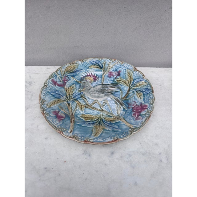 Majolica bird with cherries plate Wasmuel, circa 1890.