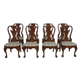 Set of Eight Baker George III Chippendale Style Burl Walnut Dining Room Chairs For Sale