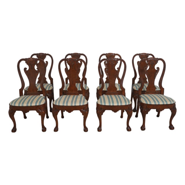 Set of Eight Baker George III Chippendale Style Burl Walnut Dining Room Chairs For Sale