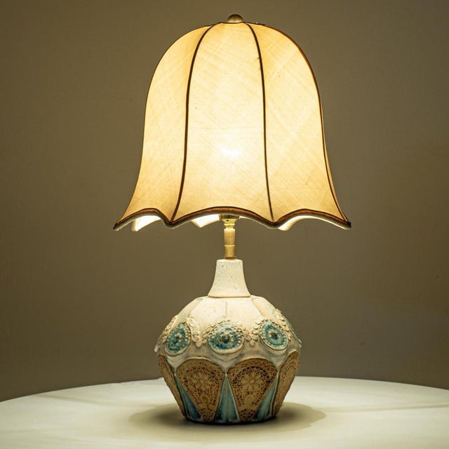 Round Ceramic Table Lamp with Silk Lampshade attributed to René Houben, 1970s For Sale - Image 12 of 15