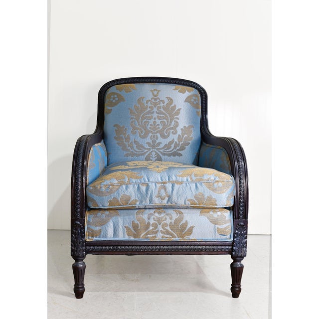 Vintage Blue-Gray Satin Damask Lounge Chair For Sale - Image 4 of 12