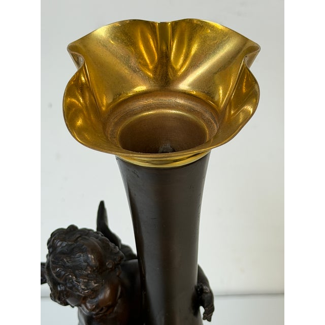 Black Pair 19th C. Gilt & Patinated Metal Cupid Candlesticks, After Auguste Moreau For Sale - Image 8 of 12