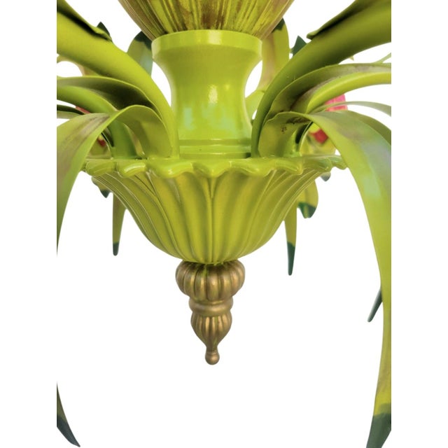 Vintage Custom Hand Painted Palm Beach Regency Pink Green Pineapple 6 Light Chandelier W/ Striped Shades For Sale - Image 12 of 12