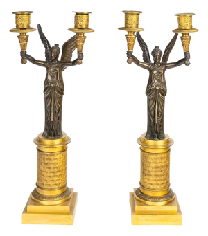 Gilt Bronze and Patinated Candelabra with Winged Victories, Set of 2