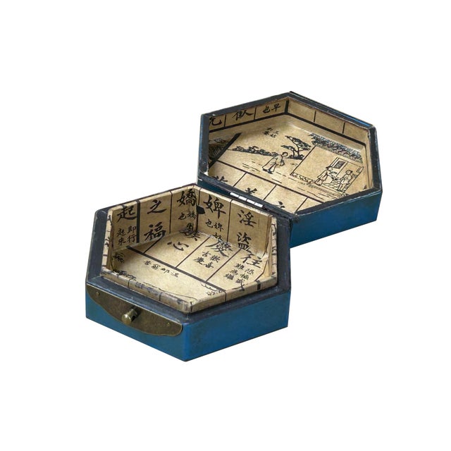 Wood Oriental Cerulean Blue Flower Bird Graphic Hexagonal Container Box For Sale - Image 7 of 8