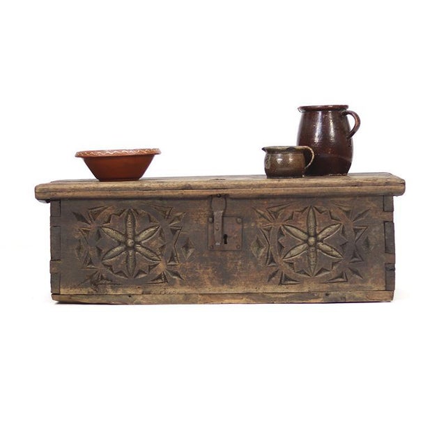 Antique Rustic Folk Art Spanish Carved Chest For Sale - Image 10 of 12