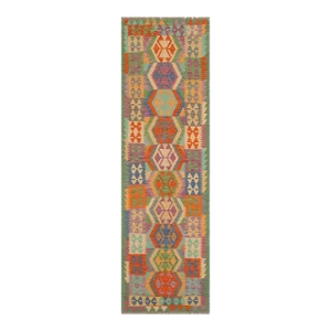 Tribal Kilim Rust Green Hand Woven Rug - 2'7" X 9'10"
