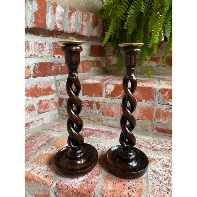 PAIR Set Antique English Oak OPEN Barley Twist Candlesticks Candle Holder Brass Bobeche. Direct from England, a stunning...