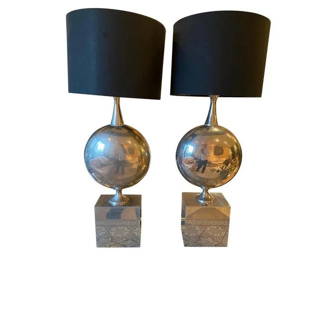 A beautiful pair of philippe barbier for maison chromed steel table lamps of globular form, this classic and chic style so...