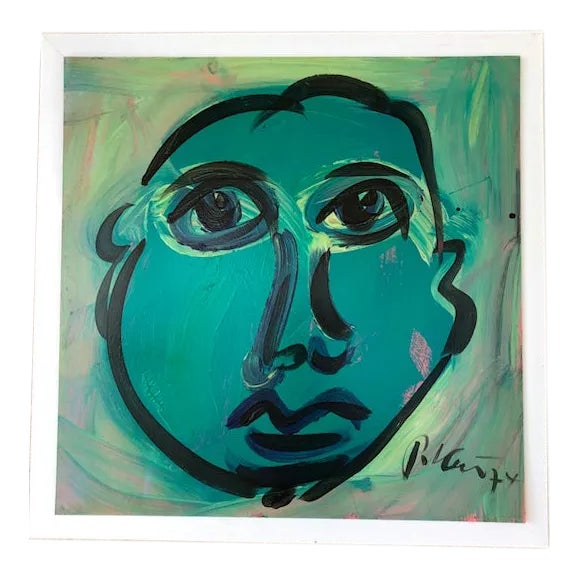 Vintage Peter Robert Keil Blue Period 1974 Signed Expressionist Portrait Painting With Certificate of Authenticity For Sale