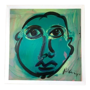 Vintage Peter Robert Keil Blue Period 1974 Signed Expressionist Portrait Painting With Certificate of Authenticity