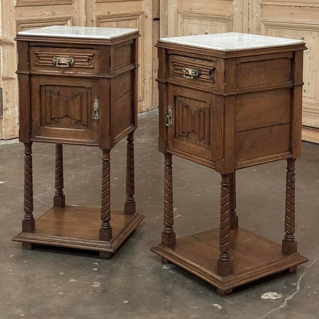 Gothic Pair of Gothic Revival Oak Nightstands With Carrara Marble Tops For Sale - Image 3 of 17