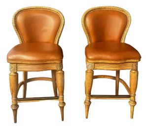 2000s Tommy Bahama Swivel Leather Bar Stools- A Pair