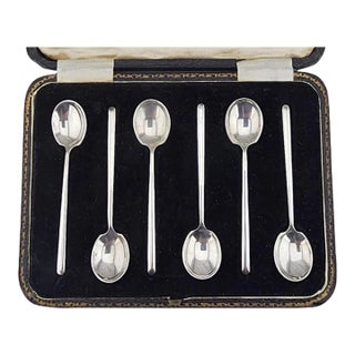 1951 James Dixon & Sons Sterling Silver Coffee & Dessert Spoon Set of 6 MCM Boxed For Sale