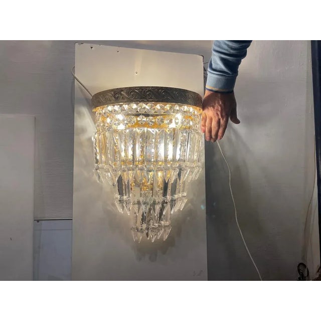 Large Brass Crystal Sconces, 1980s, Set of 2 For Sale - Image 4 of 13