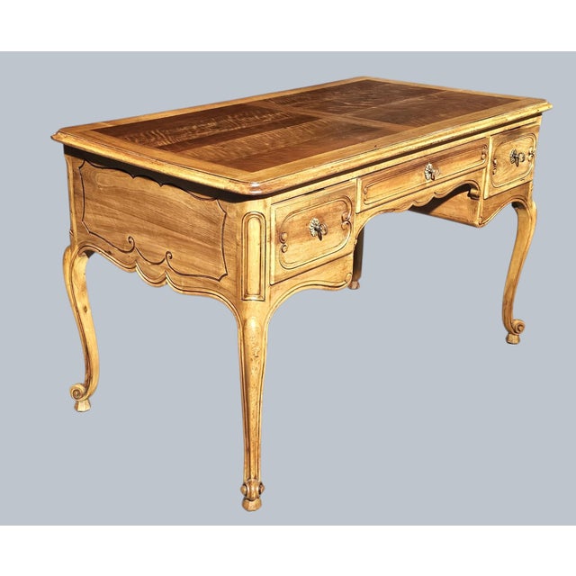 A Mid 20th Century French Provincial Style Walnut Writing Desk. Features 3 locking drawers with 3 keys that function as...