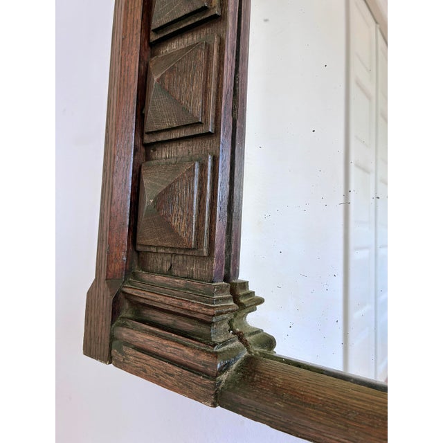 Antique Spanish Revival Oak Wall Mirror With Geometric Carving For Sale - Image 10 of 11