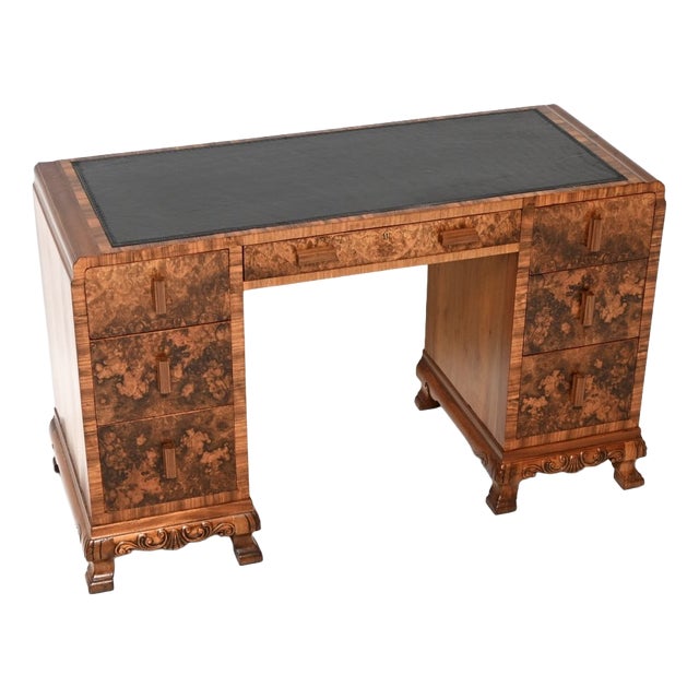 Art Deco Burr Walnut Desk with Leather Top, 1930 For Sale