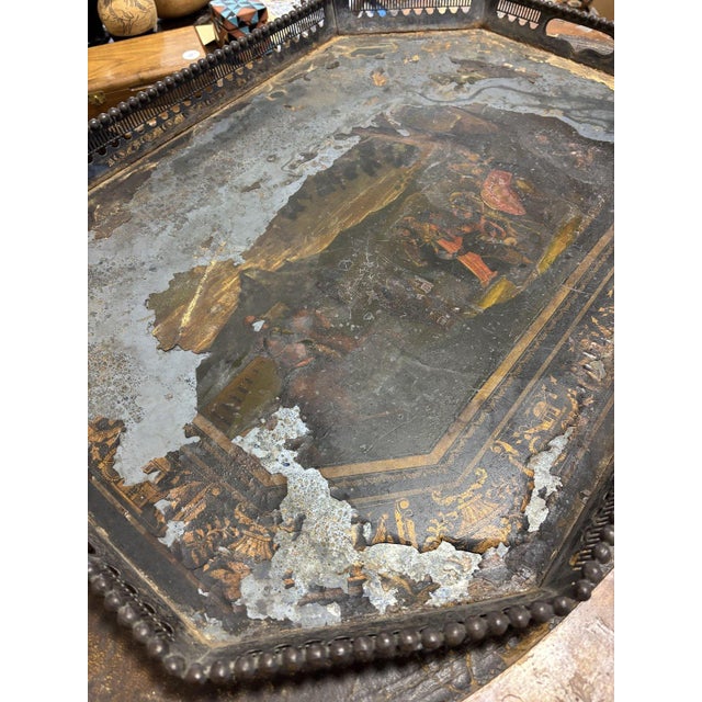 Late 19th Century Antique Painted Tole Tray With Pierced Beaded Gallery and Chinoiserie Border For Sale - Image 5 of 6