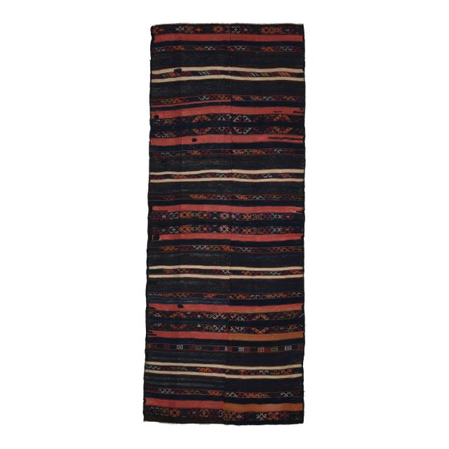 1970s Vintage Handmade Wool Cotton Dark Blue Runner Rug For Sale