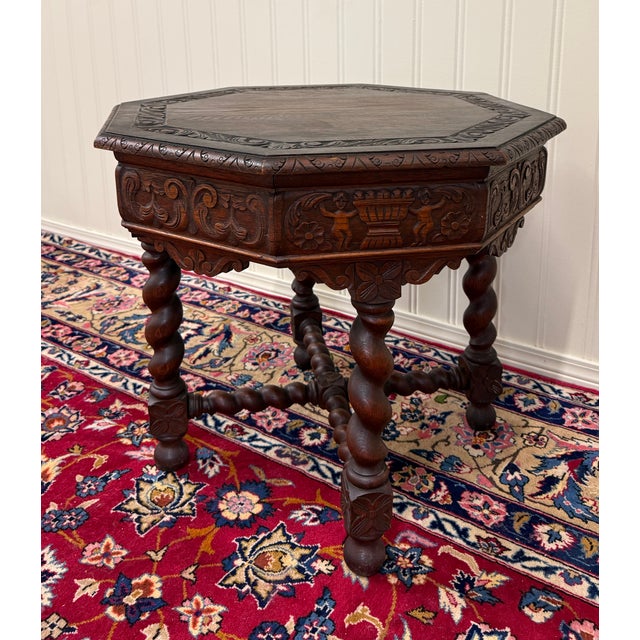 Wood Antique French Octagonal Table Renaissance Revival Barley Twist Oak 24.5"t 19thC For Sale - Image 7 of 18