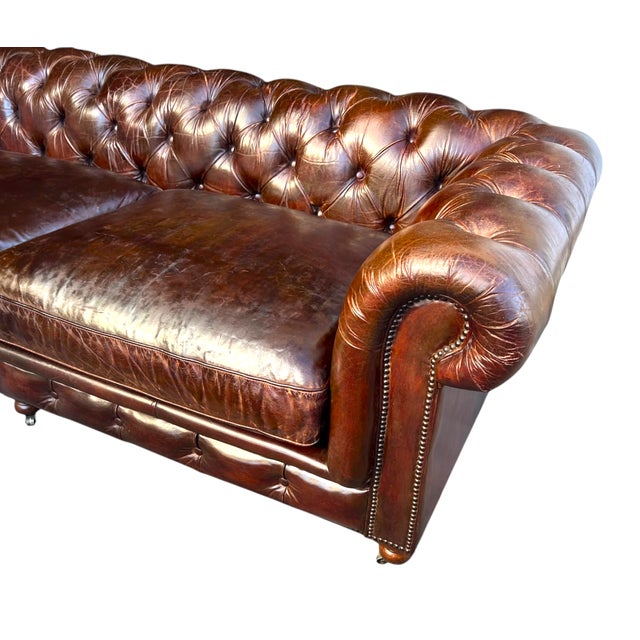 Restoration Hardware Chesterfield Cognac Leather Sofa With Brass Nailhead & Casters For Sale - Image 12 of 18