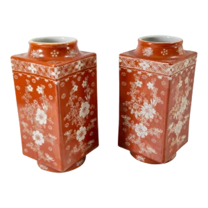 20th Century Chinese Pair of Iron Red Cong Vases With Floral Decoration