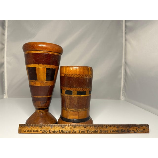 Brown Folk Art Parquetry Vases: 20th Century American Pair For Sale - Image 8 of 8