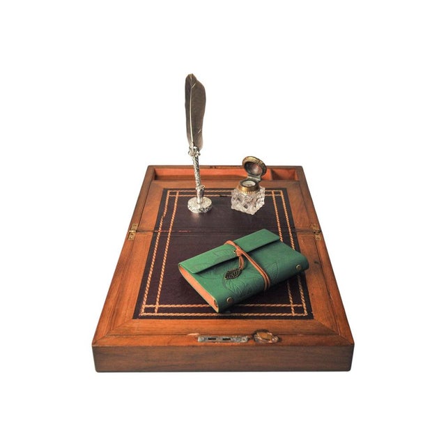 Victorian Military Campaign Burr Walnut Writing Slope Tooled Leather Skiver, Set of 4 For Sale - Image 9 of 15