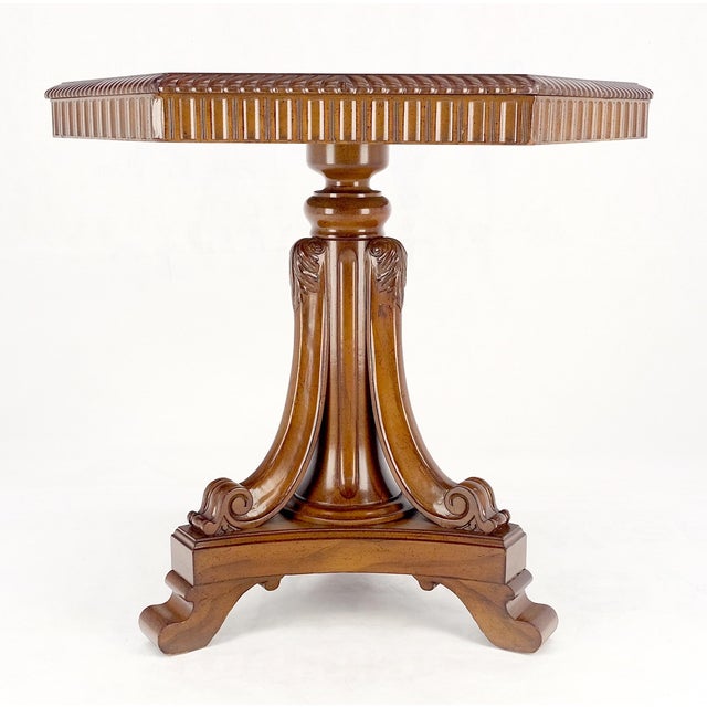 Fine Hexagon Burl Wood Top Tripod Carved Scroll Base Rope Edge Center Table MINT For Sale - Image 11 of 17