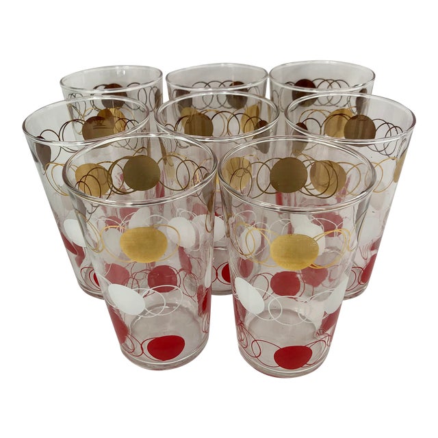 Vintage Federal Glass Tumblers With Gold, White, & Red Rings - Set of 8