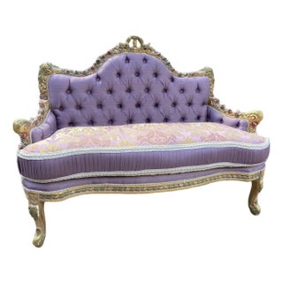 1980 French Louis XVI Gilt Purple Damask Settee 1Pc For Sale