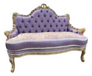 1980 French Louis XVI Gilt Purple Damask Settee 1Pc