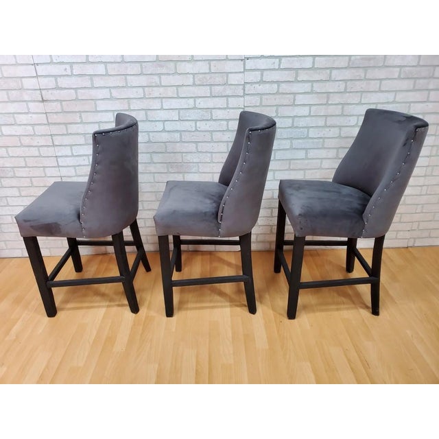 Wood Restoration Hardware Barrel Back Stools Newly Reupholstered in Charcoal Silk Velvet - Set of 3 For Sale - Image 7 of 8