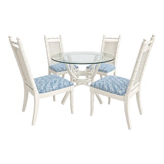 Vintage Hollywood Regency White Lacquer Faux Bamboo & Cane Dining Set — 5 Pieces For Sale