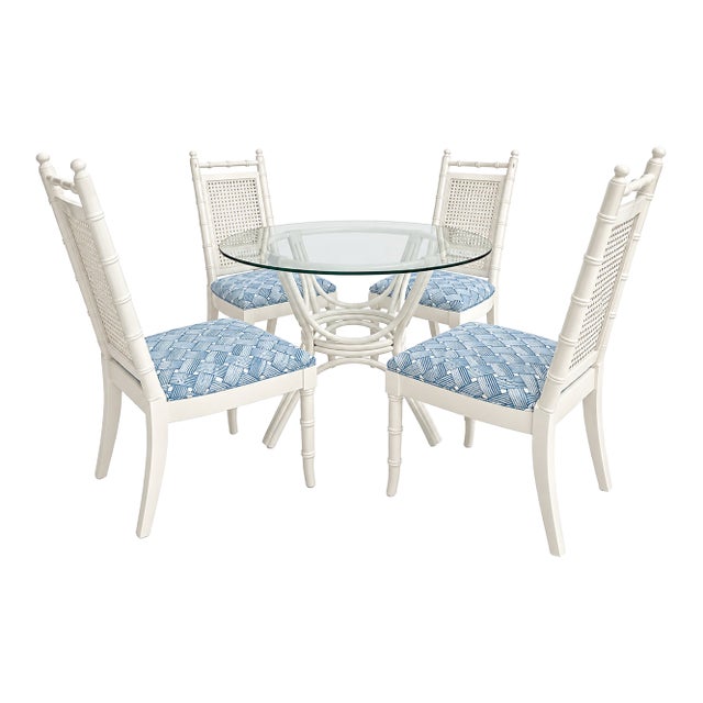 Vintage Hollywood Regency White Lacquer Faux Bamboo & Cane Dining Set — 5 Pieces For Sale