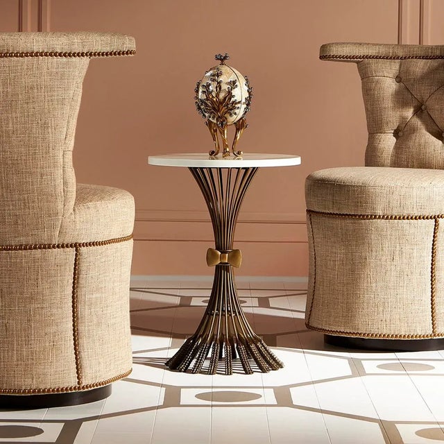 Antique brass wheat base martini table with white marble top.Corey Damen Jenkins collection.