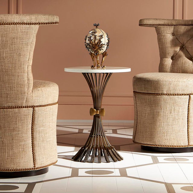 Antique brass wheat base martini table with white marble top.Corey Damen Jenkins collection.