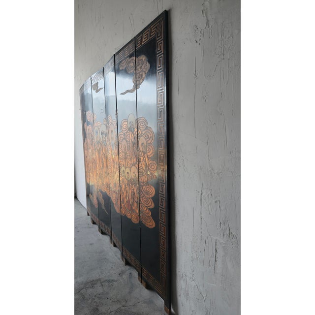 1970s 7ft Hand Painted Six Panel Chinese Coromandel Screen Divider For Sale - Image 5 of 14