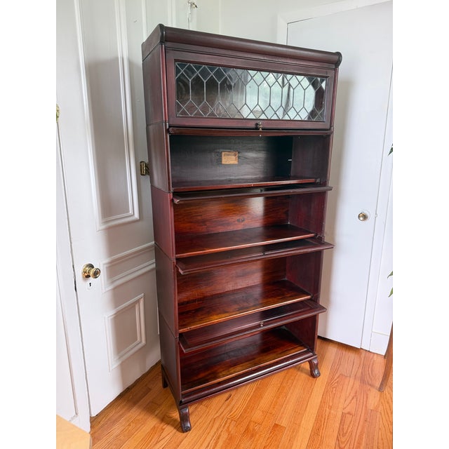 Landstrom Furniture Antique 5 Stack Barrister Bookcase Lundstrom Arts & Crafts Mahogany & Leaded Glass Circa 1920 For Sale - Image 4 of 12