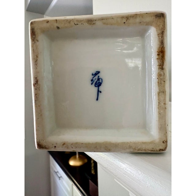 Vintage Mid-Century Japanese Hand-Painted Porcelain Square Sleeve Vase For Sale - Image 11 of 12