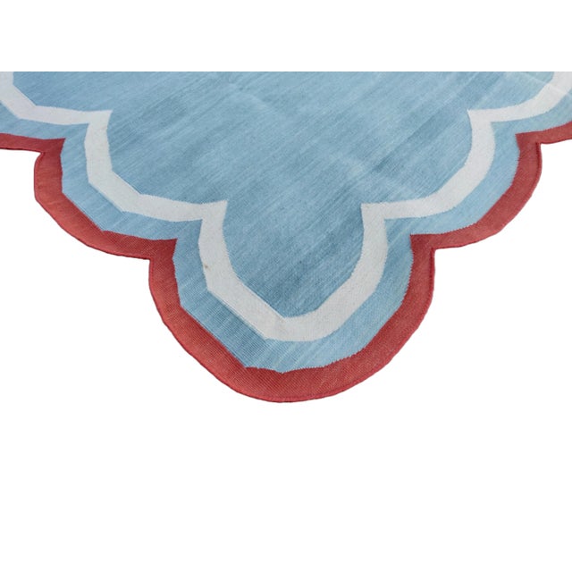 Not Yet Made - Made To Order Handmade Cotton Area Rug Natural Vegetable Dyed Flat Weave Sky Blue Scalloped Rug Terracotta Border - 12'x15' For Sale - Image 5 of 11