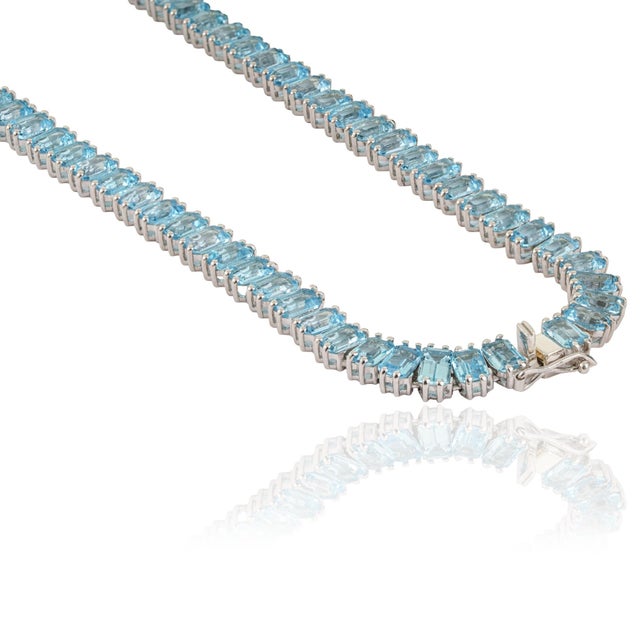Metal 52.42 Ct Certified Natural Blue Topaz Tennis Necklace & Drop Earrings Set, 3 Pieces For Sale - Image 7 of 17