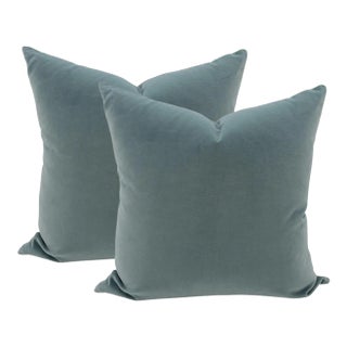 Designer Aegean Velvet 22" Square Pillows With Feather Down Inserts - Pair For Sale